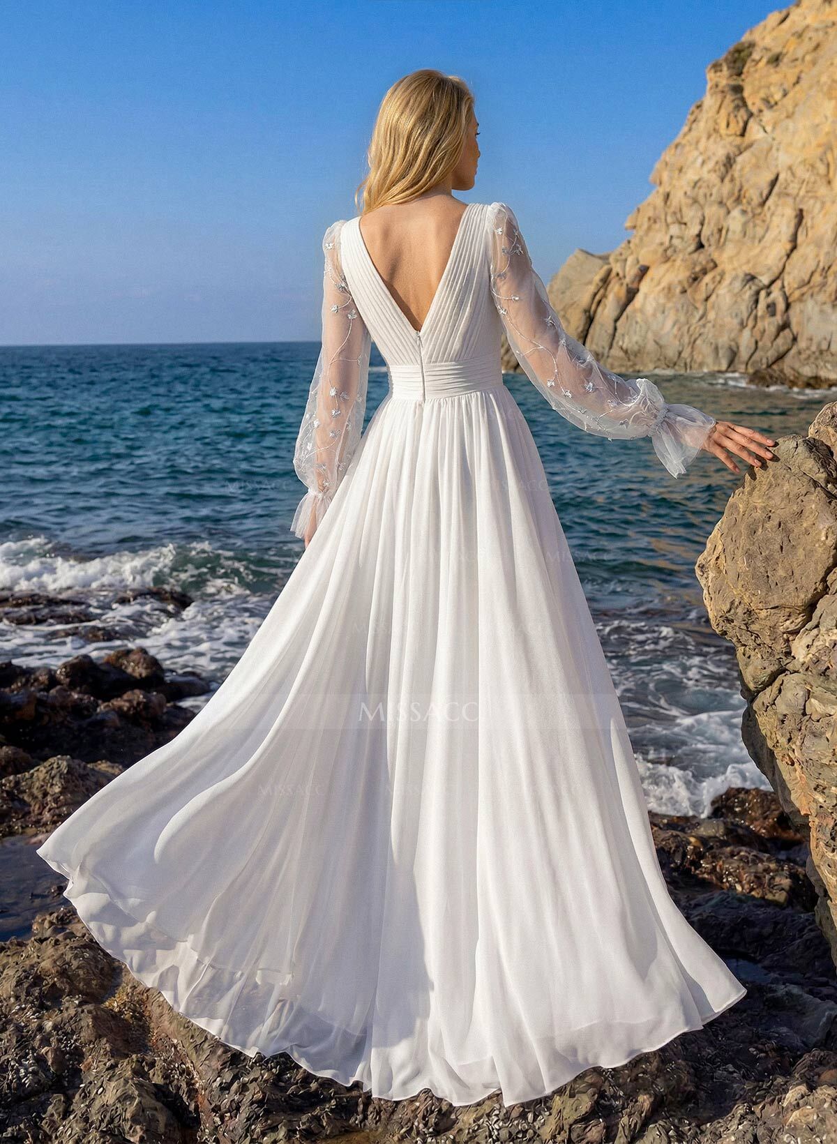 A-Line V-Neck Sheer Lace Sleeves Lace/Tulle Wedding Dresses With Split Front