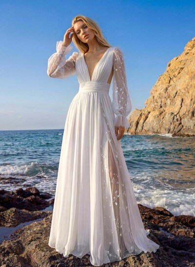 A-Line V-Neck Sheer Lace Sleeves Lace/Tulle Wedding Dresses With Split Front