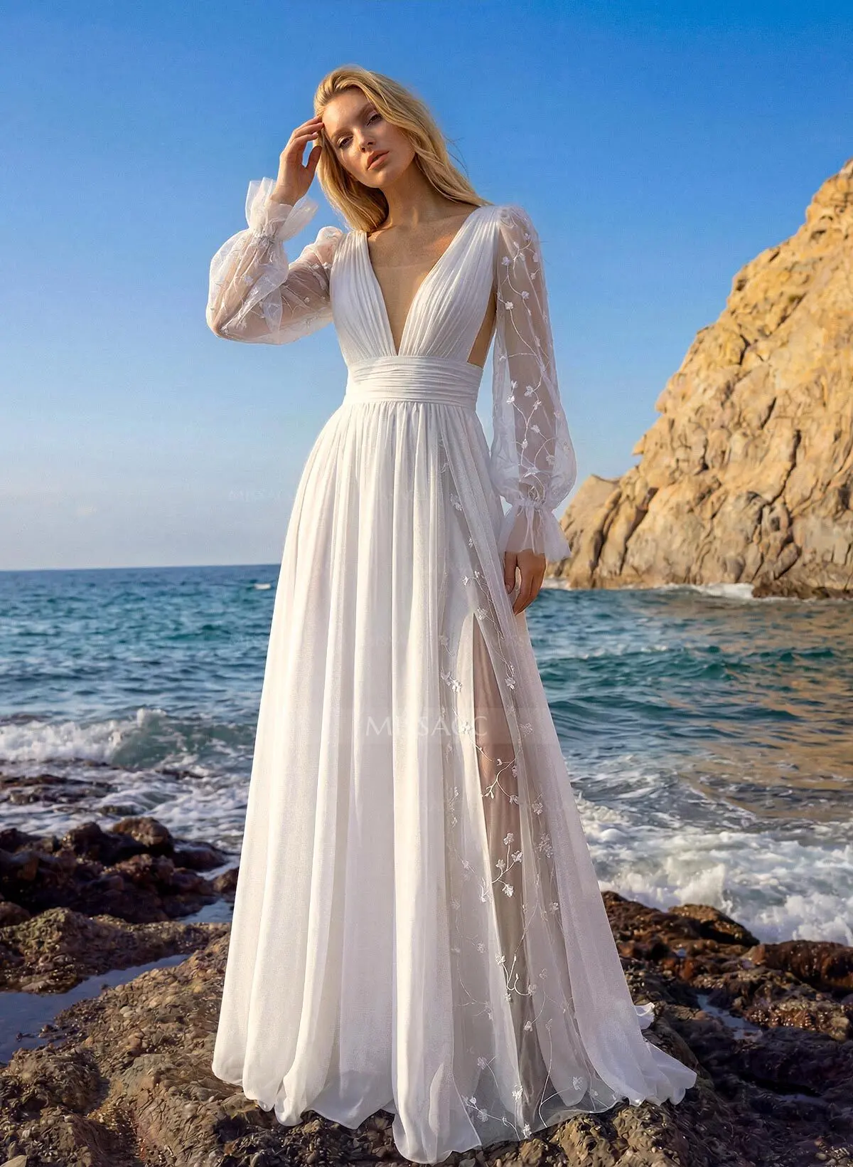 navy blue dress for baby girl A-line V Neck Long Sleeve Lace Sweep Train Wedding Dress - Wedding Dresses main image 1