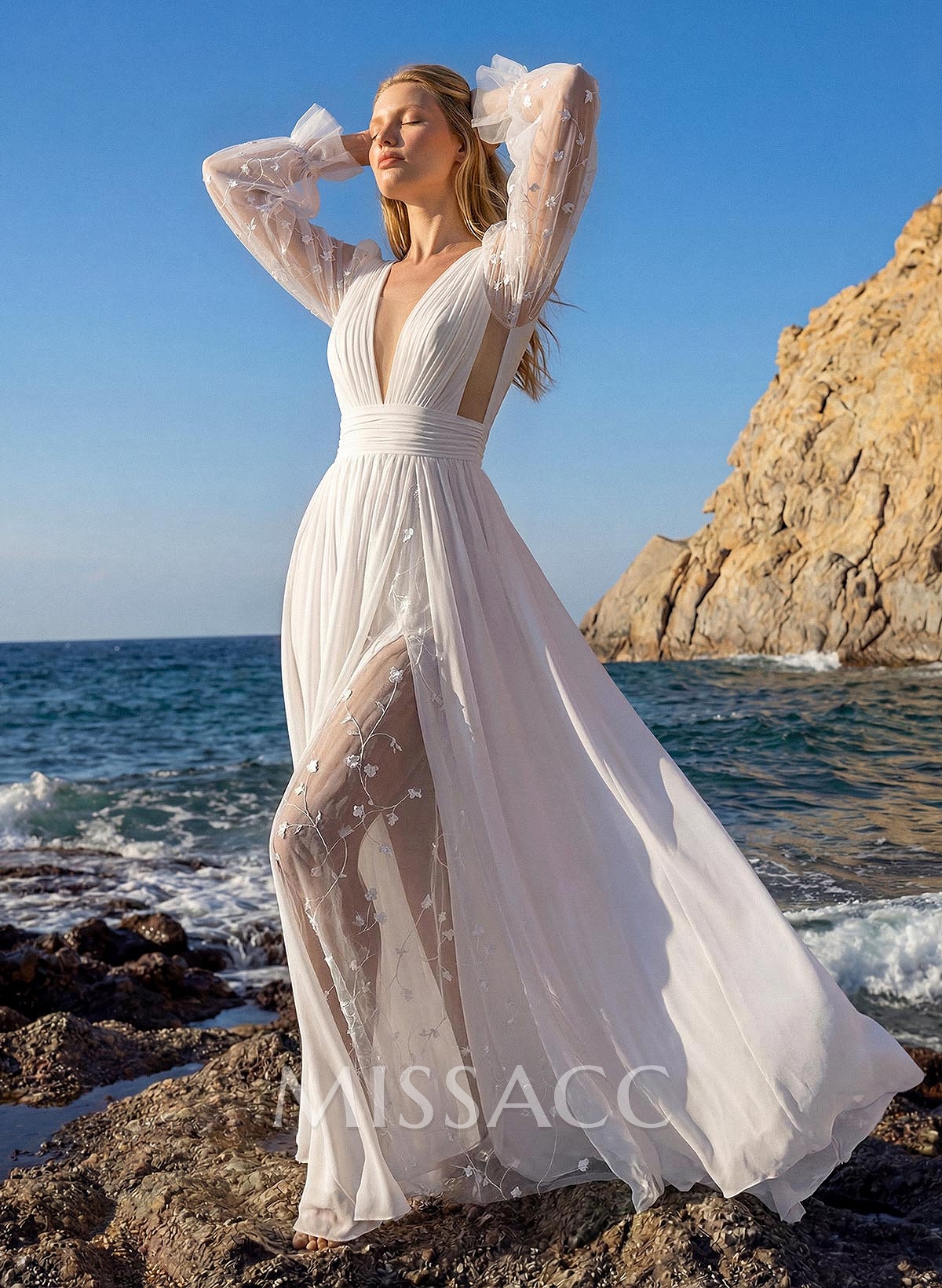 A-Line V-Neck Sheer Lace Sleeves Lace/Tulle Wedding Dresses With Split Front
