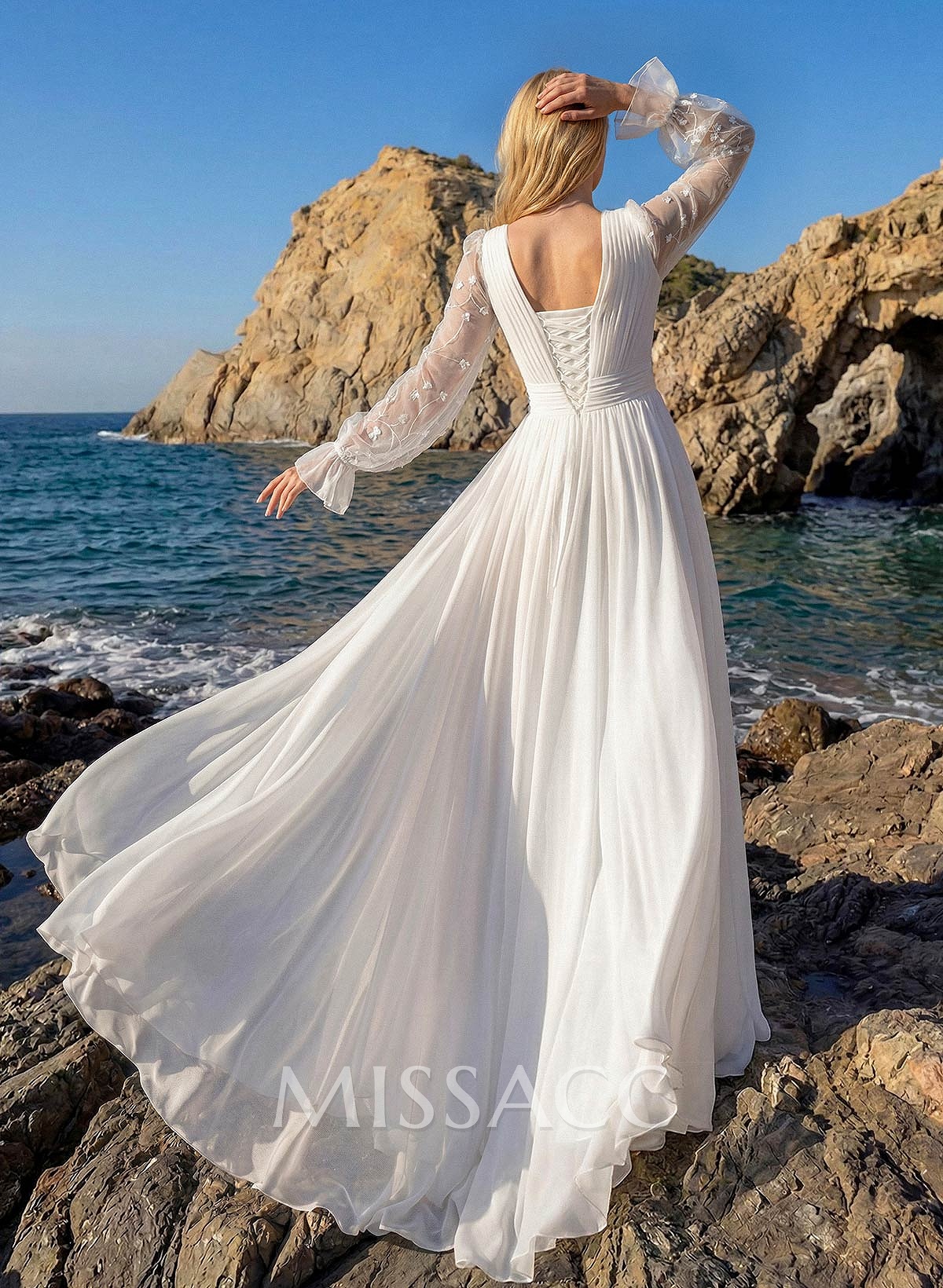 A-Line V-Neck Sheer Lace Sleeves Lace/Tulle Wedding Dresses With Split Front