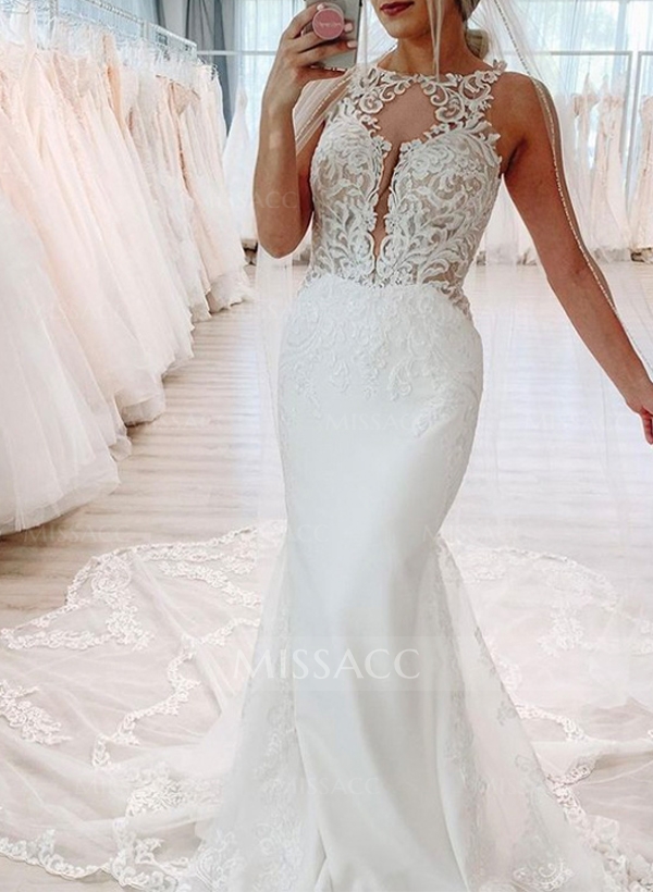 Trumpet/Mermaid Backless Scoop Neck Vintage Lace/Tulle Wedding Dresses