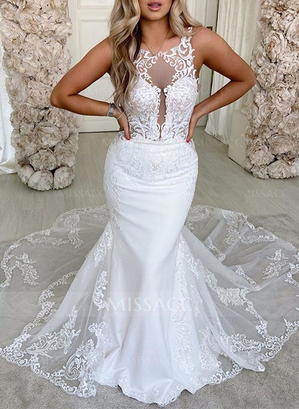 Trumpet/Mermaid Backless Scoop Neck Vintage Lace/Tulle Wedding Dresses