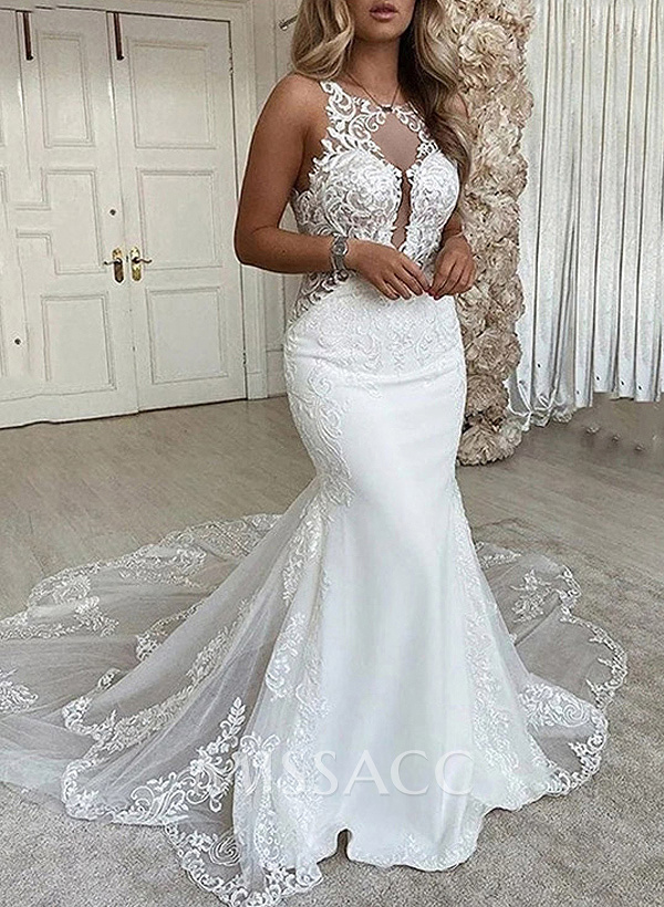 Trumpet/Mermaid Backless Scoop Neck Vintage Lace/Tulle Wedding Dresses Trumpet/Mermaid Backless Scoop Neck Vintage Lace/Tulle Wedding Dresses