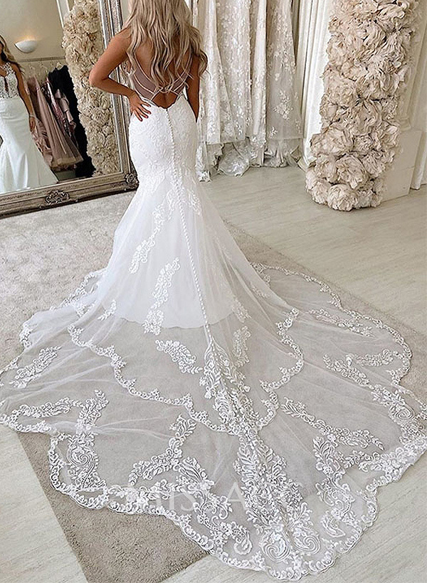 Trumpet/Mermaid Backless Scoop Neck Vintage Lace/Tulle Wedding Dresses Trumpet/Mermaid Backless Scoop Neck Vintage Lace/Tulle Wedding Dresses
