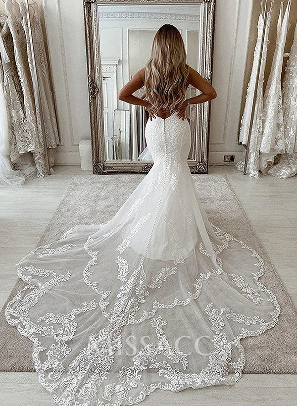 Trumpet/Mermaid Backless Scoop Neck Vintage Lace/Tulle Wedding Dresses Trumpet/Mermaid Backless Scoop Neck Vintage Lace/Tulle Wedding Dresses