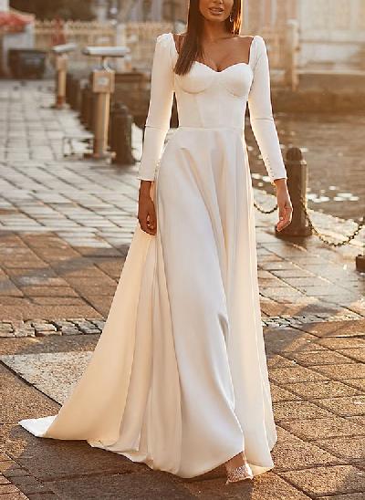 A-Line Sweetheart Long Sleeves Elegant Satin Wedding Dresses