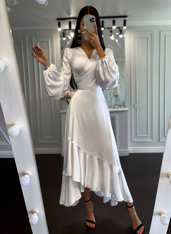 A-Line V-Neck Long Sleeves Silk Like Satin Wedding Dresses With Ruffle