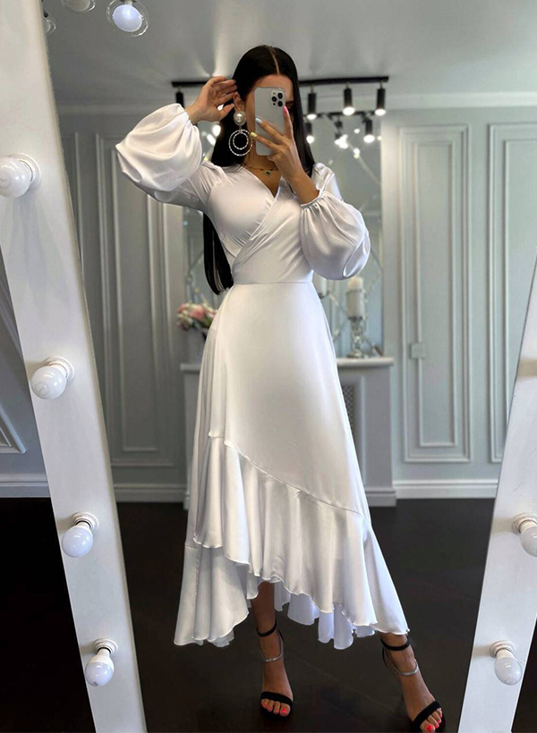 A-Line V-Neck Long Sleeves Silk Like Satin Wedding Dresses With Ruffle