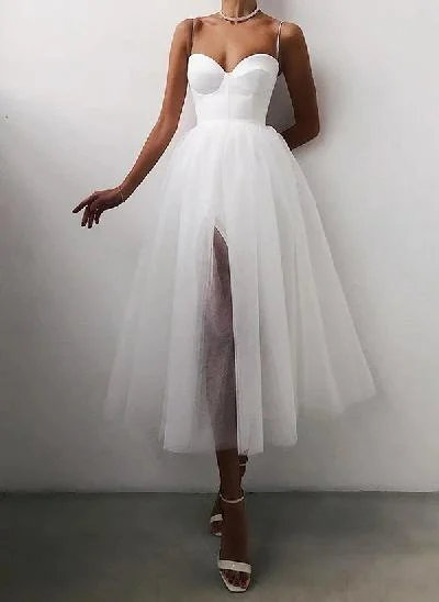 A-Line Sweetheart Little White Tulle Wedding Dresses With Split Front