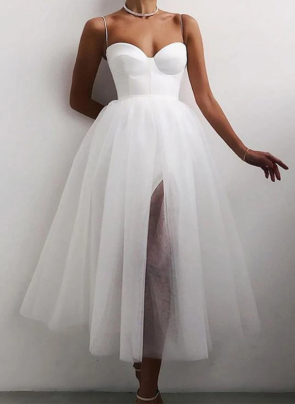 A-Line Sweetheart Little White Tulle Wedding Dresses With Split Front