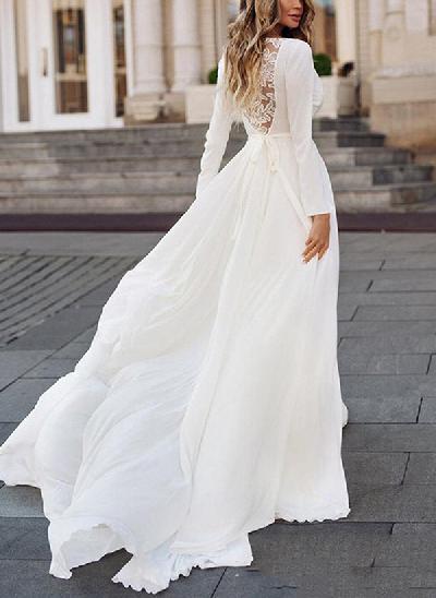 Boho A-Line V-neck Long Sleeves Chiffon Wedding Dresses With Appliques Lace