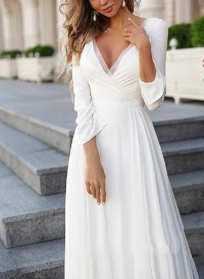 Boho A-Line V-neck Long Sleeves Chiffon Wedding Dresses With Appliques Lace
