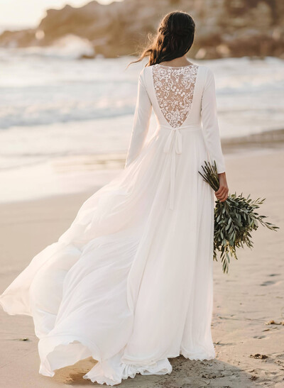 Boho A-Line V-Neck Long Sleeves Chiffon Wedding Dresses With Appliques Lace
