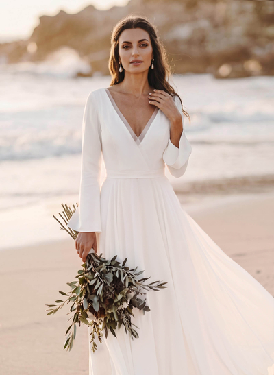 Boho A-Line V-Neck Long Sleeves Chiffon Wedding Dresses With Appliques Lace