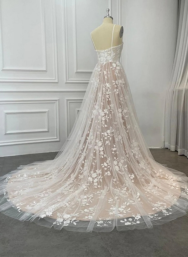 A-Line Sweetheart Vintage Tulle Wedding Dresses With Appliques Lace