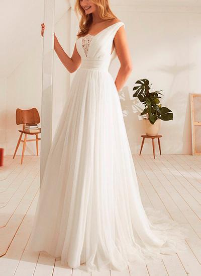A-Line V-neck Sleeveless Boho Sweep Train Elegant Lace/Tulle Wedding Dresses