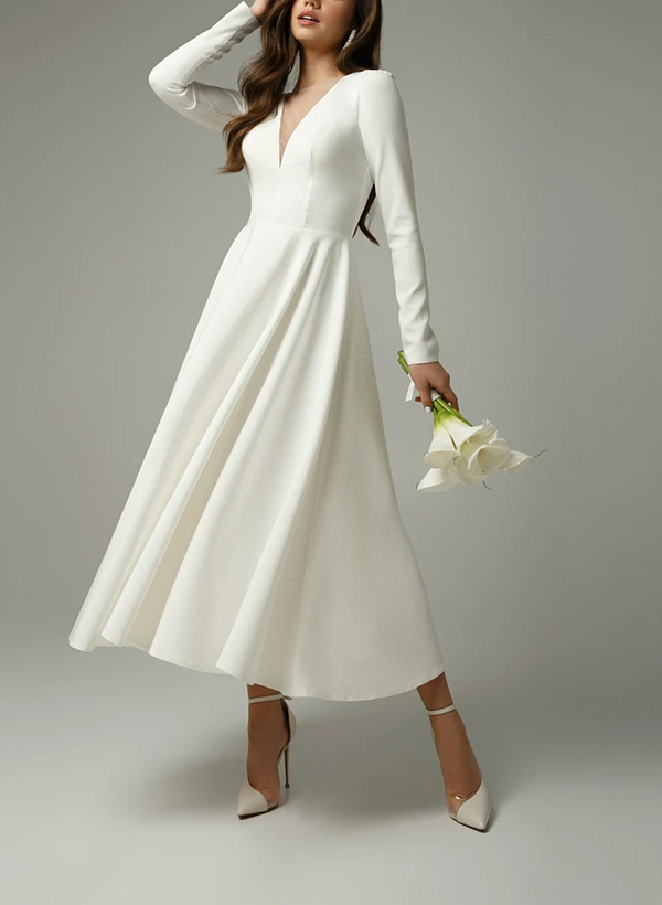 A-Line Illusion Neck Long Sleeves Elegant Satin Wedding Dresses With Pleated