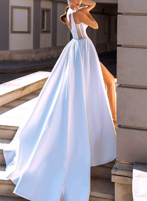 A-Line Sweetheart Sexy Satin Wedding Dresses With High Split Front