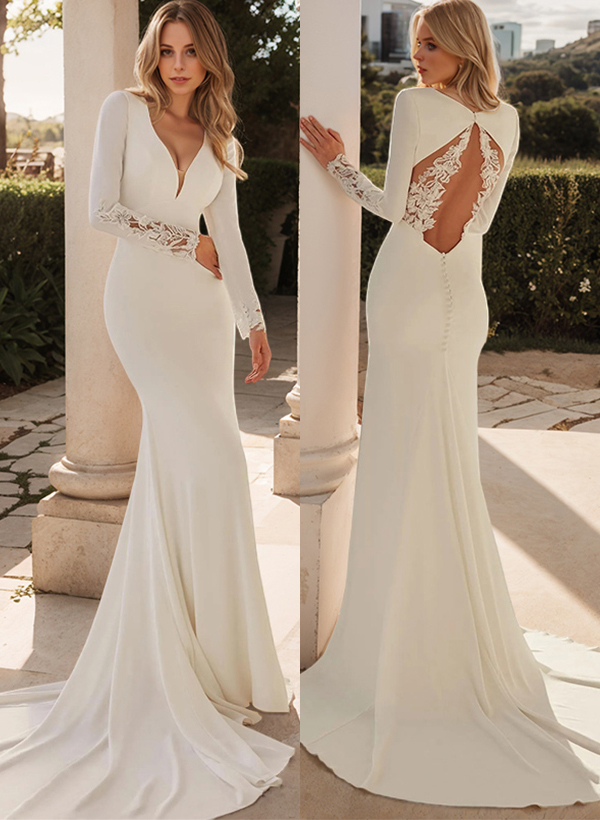 Trumpet/Mermaid V-Neck Long Sleeves Elegant Lace/Elastic Satin Wedding Dresses