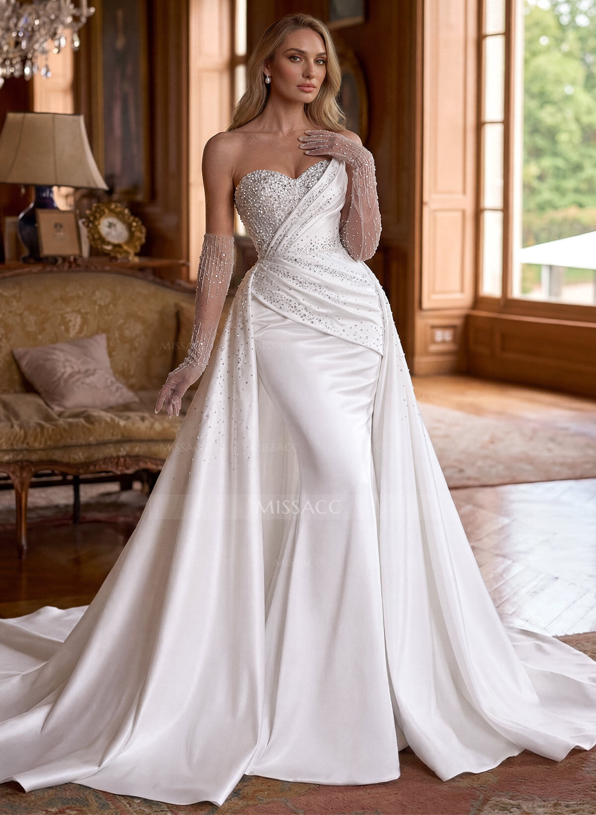 Trumpet/Mermaid Sweetheart Detachable Luxury Satin/Sequined Wedding Dresses