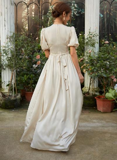 A-Line V-neck Vintage Silk like Satin Wedding Dresses With Split Front