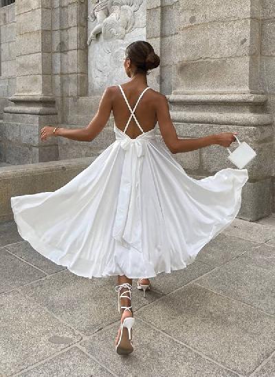 A-Line V-neck Sleeveless Sexy Silk like Satin Wedding Dresses With Bow(s)