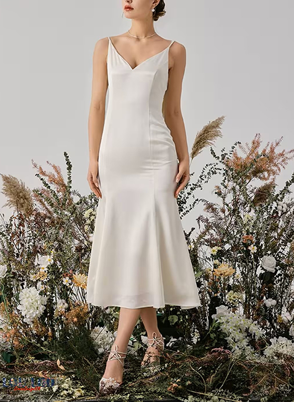 Sheath/Column V-Neck Sleeveless Elegant Silk Like Satin Wedding Dresses