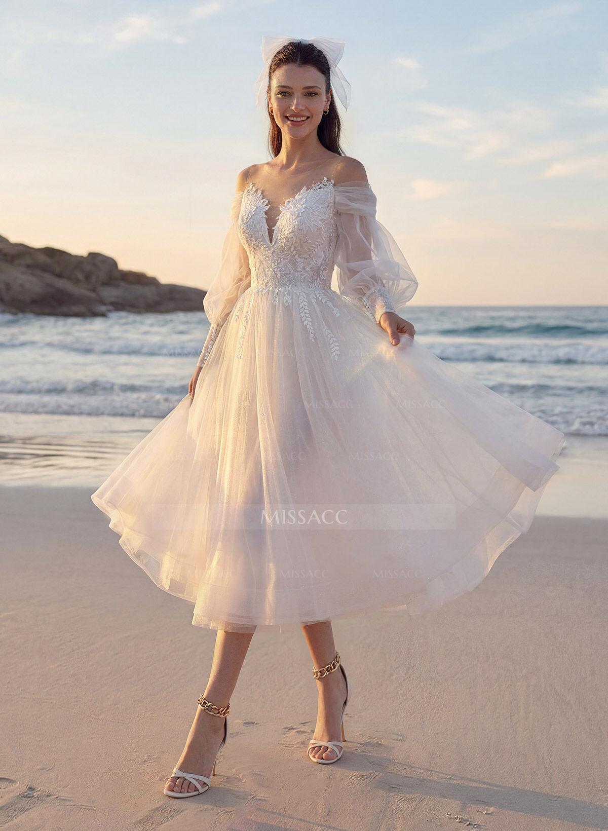 A-Line Sweetheart Long Sleeves Elegant Tulle Wedding Dresses With Appliques Lace