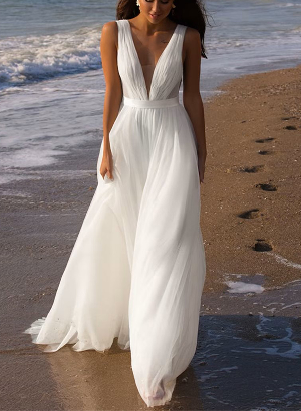 A-Line Deep V-neck Sleeveless Sweep Train Tulle Beach Wedding Dresses