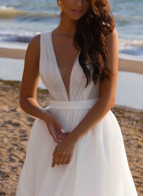 A-Line Deep V-neck Sleeveless Sweep Train Tulle Beach Wedding Dresses