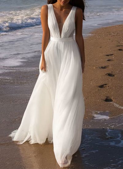 A-Line Deep V-Neck Sleeveless Sweep Train Tulle Beach Wedding Dresses