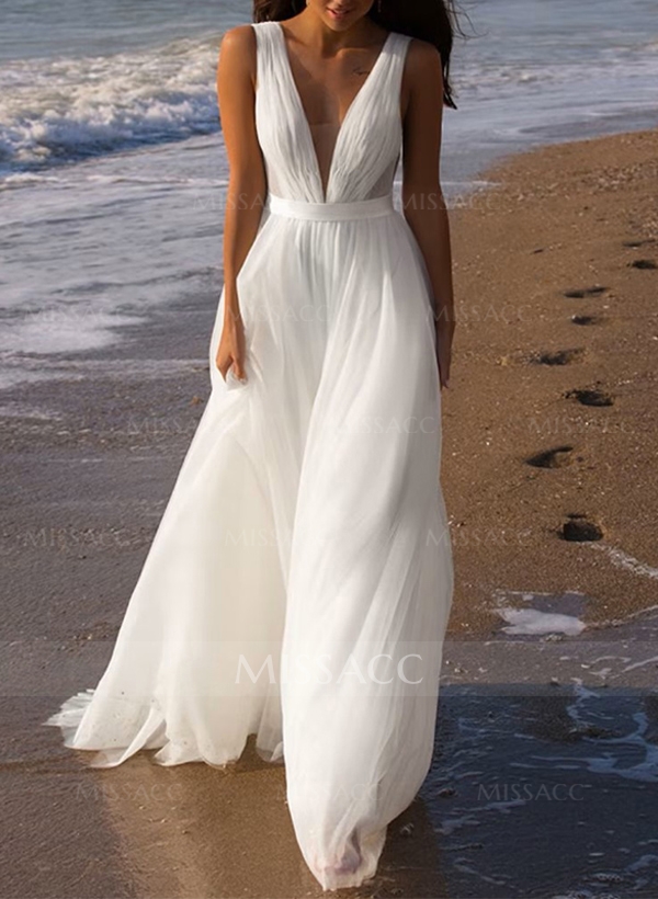 A-Line Deep V-Neck Sleeveless Sweep Train Tulle Beach Wedding Dresses