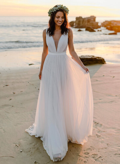 A-Line Deep V-Neck Sleeveless Sweep Train Tulle Beach Wedding Dresses