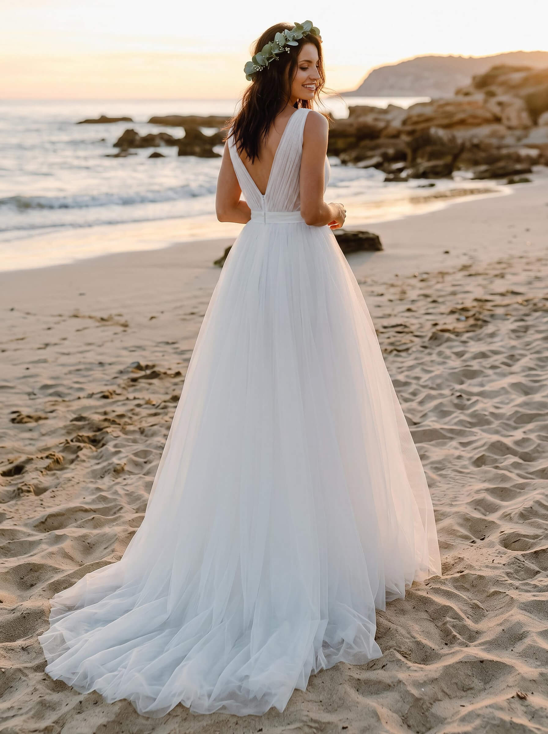 A-Line Deep V-Neck Sleeveless Sweep Train Tulle Beach Wedding Dresses A-Line Deep V-Neck Sleeveless Sweep Train Tulle Beach Wedding Dresses