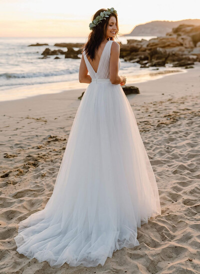 A-Line Deep V-Neck Sleeveless Sweep Train Tulle Beach Wedding Dresses