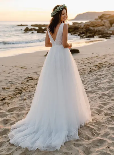 A-Line Deep V-Neck Sleeveless Sweep Train Tulle Beach Wedding Dresses