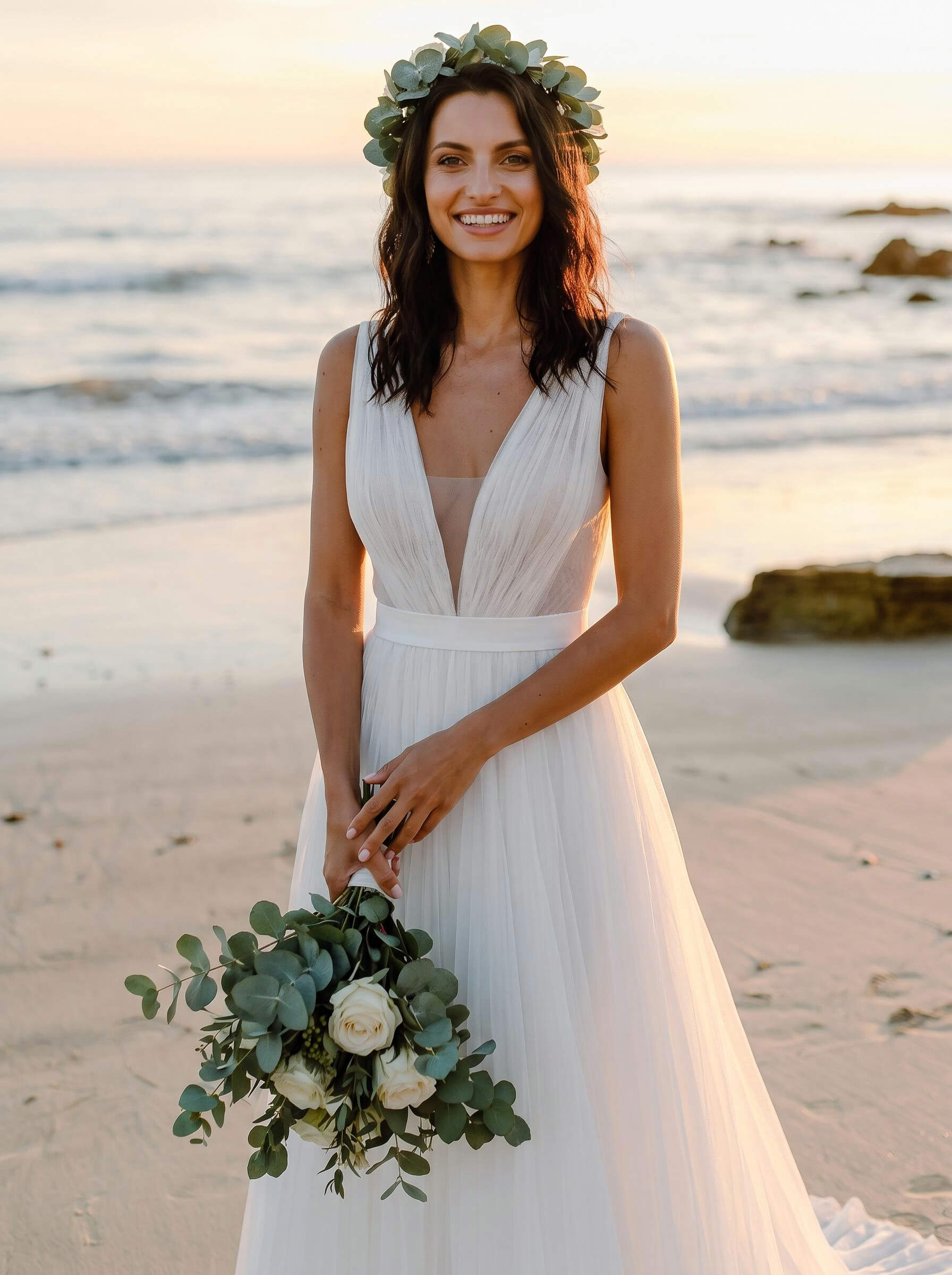 A-Line Deep V-Neck Sleeveless Sweep Train Tulle Beach Wedding Dresses A-Line Deep V-Neck Sleeveless Sweep Train Tulle Beach Wedding Dresses