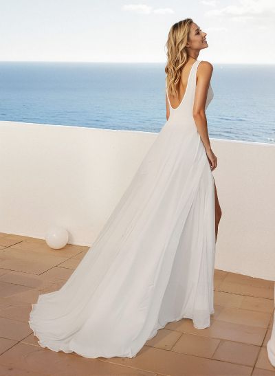 A-Line Scoop Neck Chiffon/Satin Wedding Dresses With High Split Front