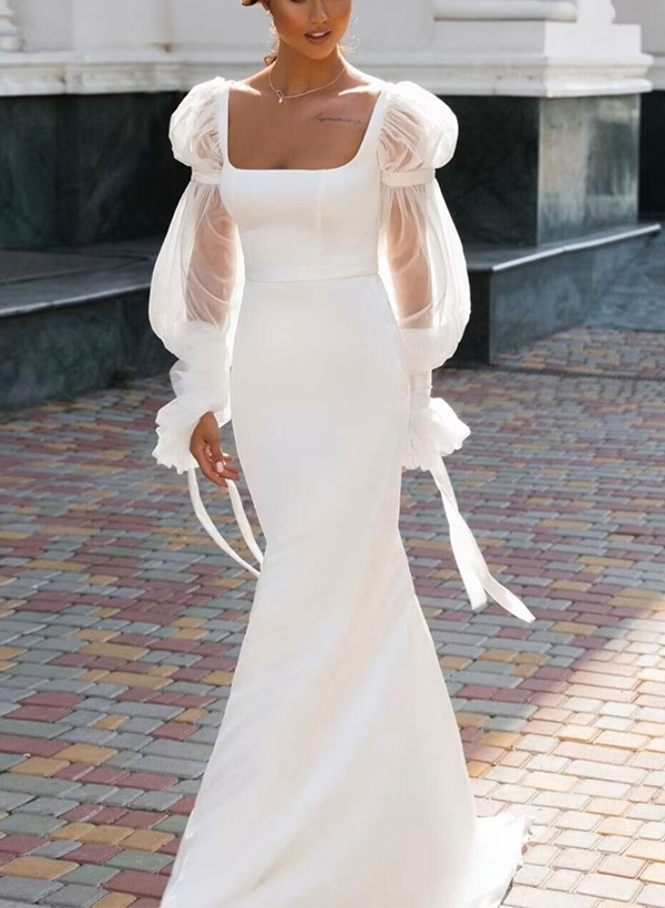 Sheath/Column Square Neckline Long Sleeves Satin/Tulle Wedding Dresses