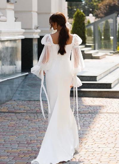 Sheath/Column Square Neckline Long Sleeves Satin/Tulle Wedding Dresses