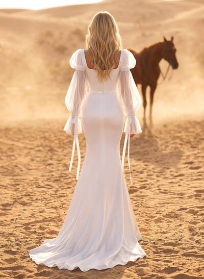Sheath/Column Square Neckline Long Sleeves Satin/Tulle Wedding Dresses