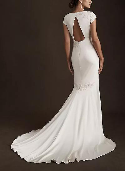 Sheath/Column V-neck Elegant Satin Wedding Dresses With Appliques Lace