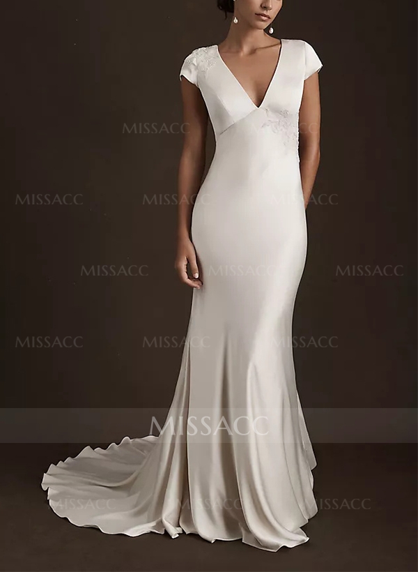 Sheath/Column V-neck Elegant Satin Wedding Dresses With Appliques Lace