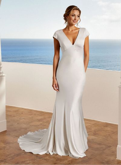 Sheath/Column V-Neck Elegant Satin Wedding Dresses With Appliques Lace