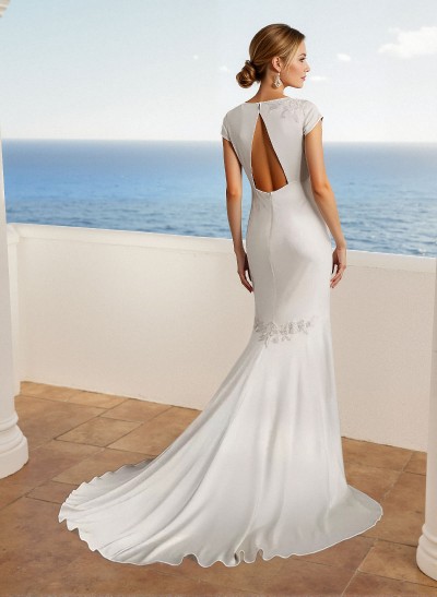 Sheath/Column V-Neck Elegant Satin Wedding Dresses With Appliques Lace