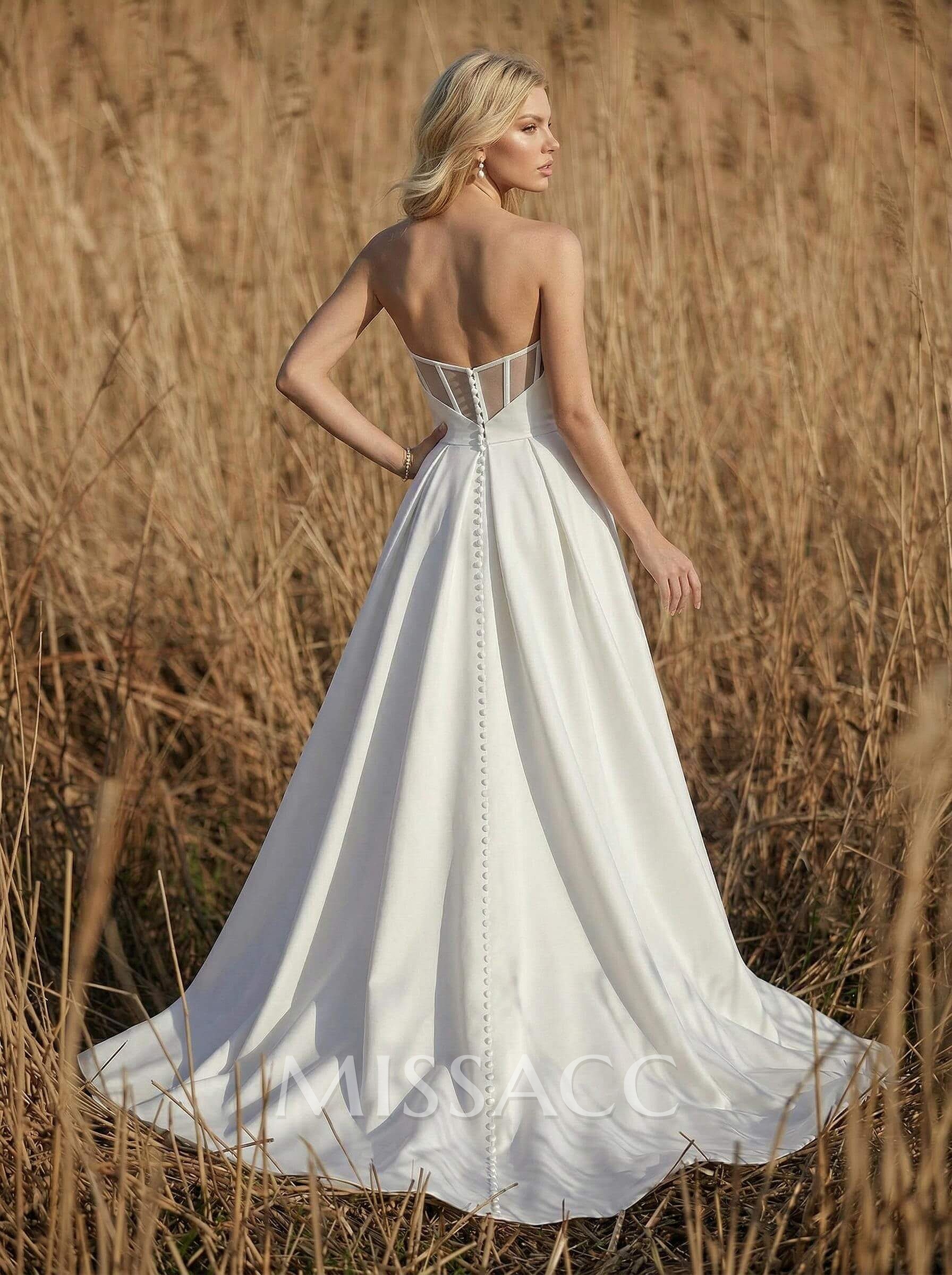 A-Line Sweetheart Vintage Satin Wedding Dresses With Split Front A-Line Sweetheart Vintage Satin Wedding Dresses With Split Front