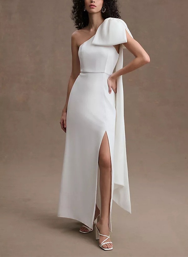 Sheath/Column One-Shoulder Sleeveless Elegant Satin Wedding Dresses With Bow(s)