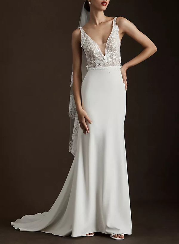Sheath/Column V-neck Satin Wedding Dresses With Appliques Lace