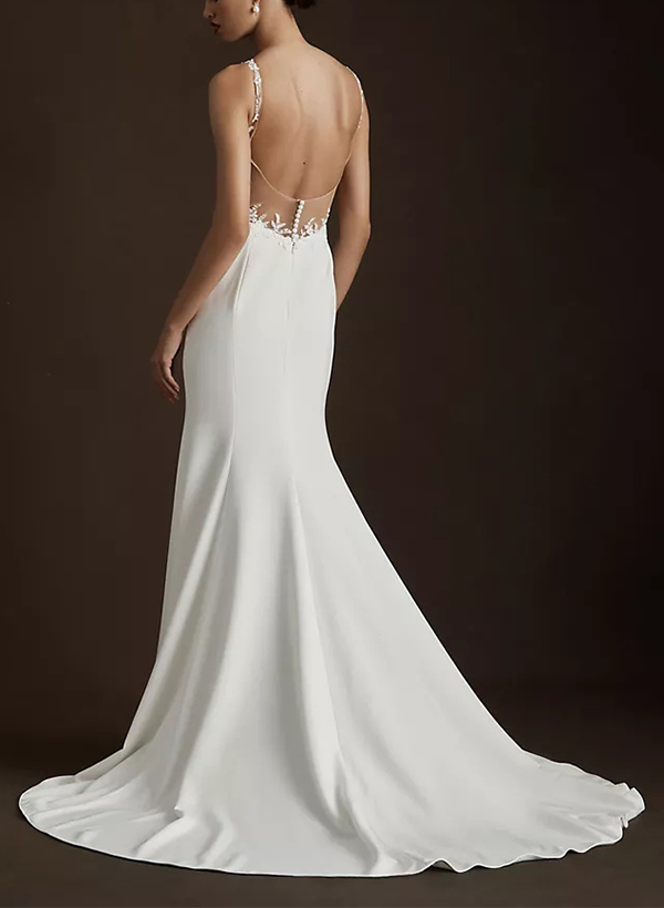 Sheath/Column V-neck Satin Wedding Dresses With Appliques Lace
